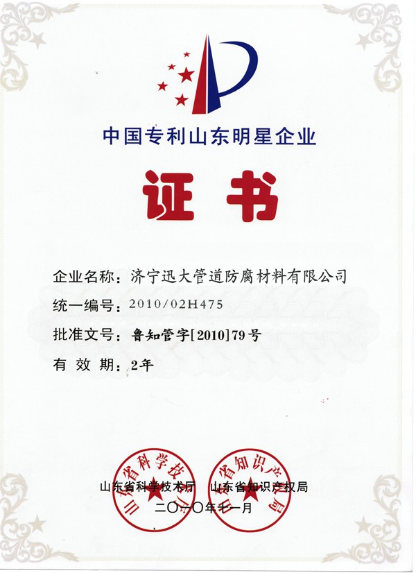 中國專利山東明星企業證書